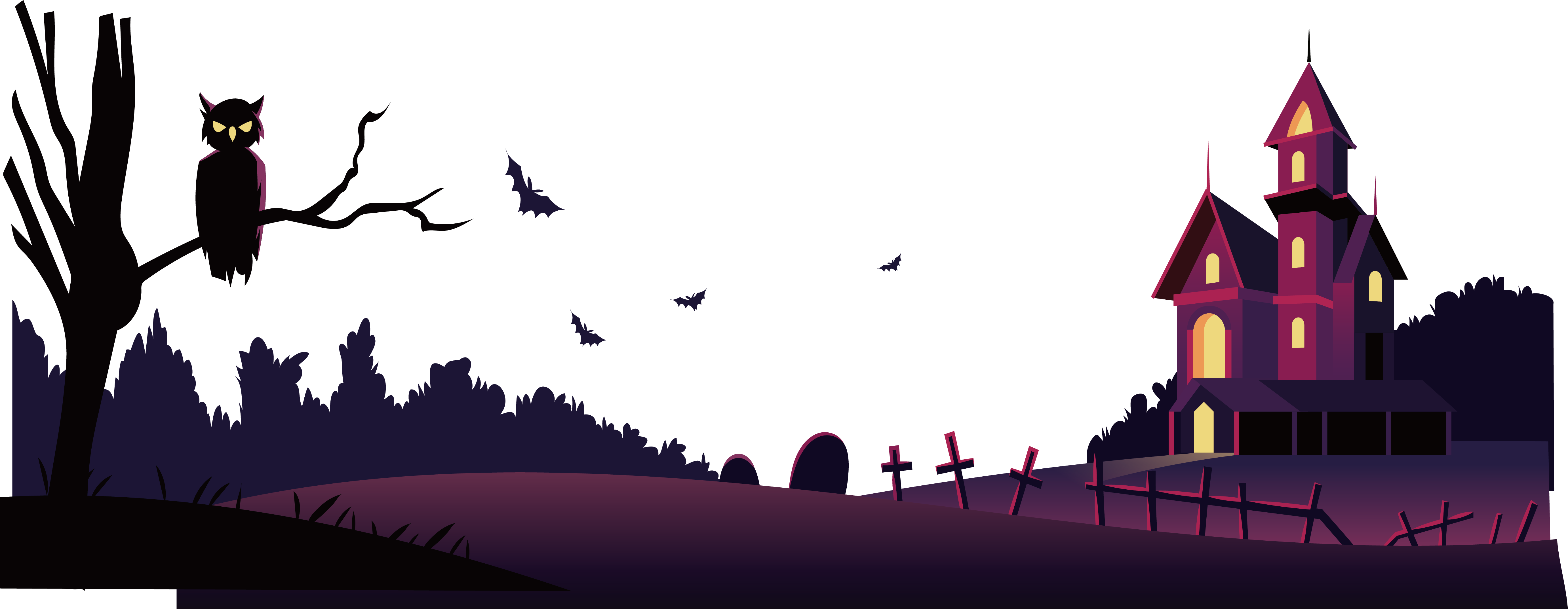 Owl on the tree near purple house Halloween themed Halloween Halloween banner purple happy Hall