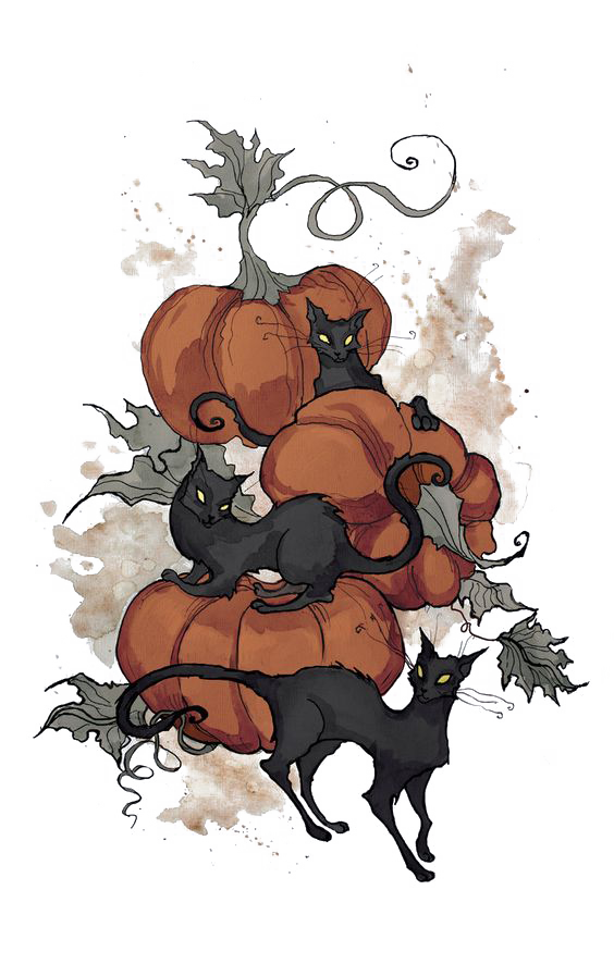 pumpkins and black cats illustration Black cat Halloween Kitten Witch Halloween watercolor Pain