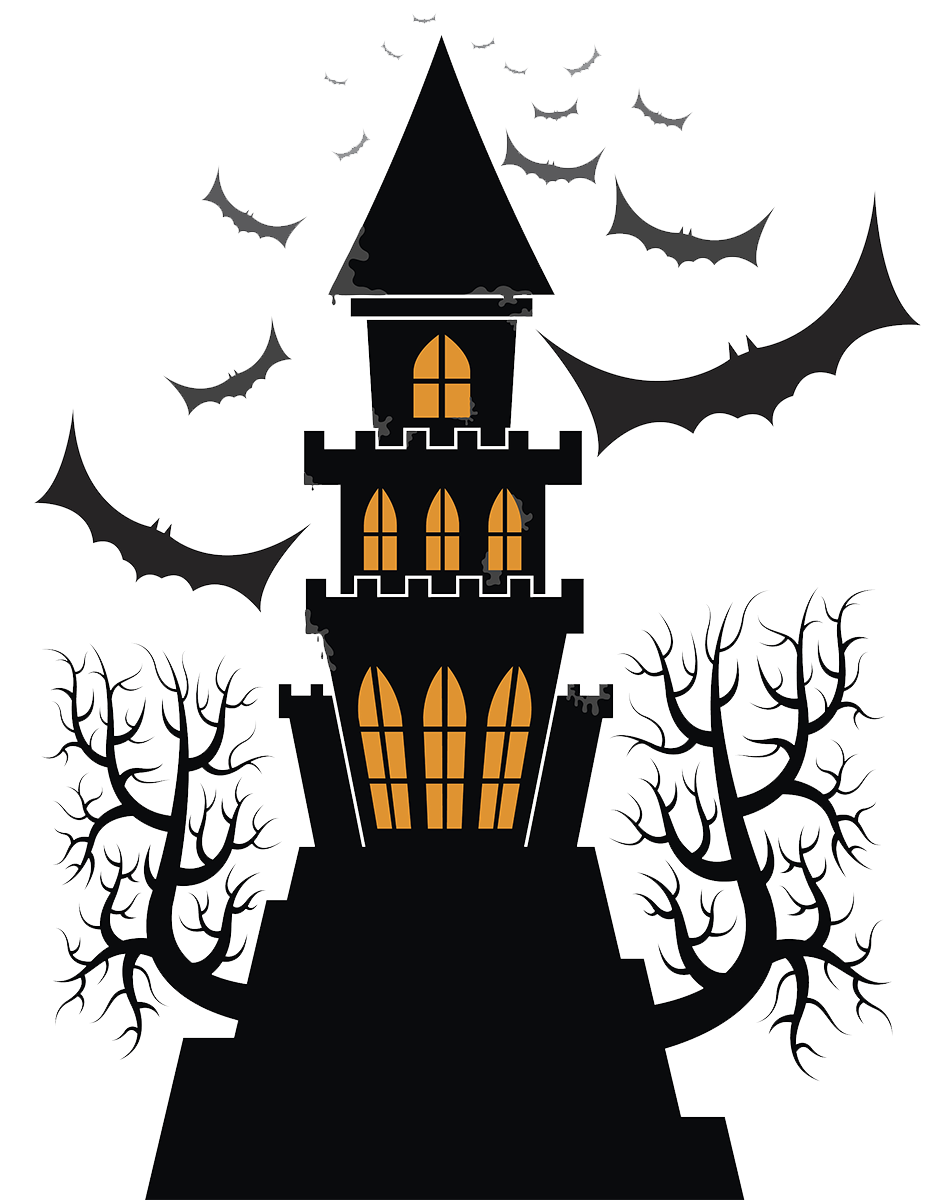 Yellow and black Halloween castle with bats and trees Frankenstein Castle Halloween Halloween