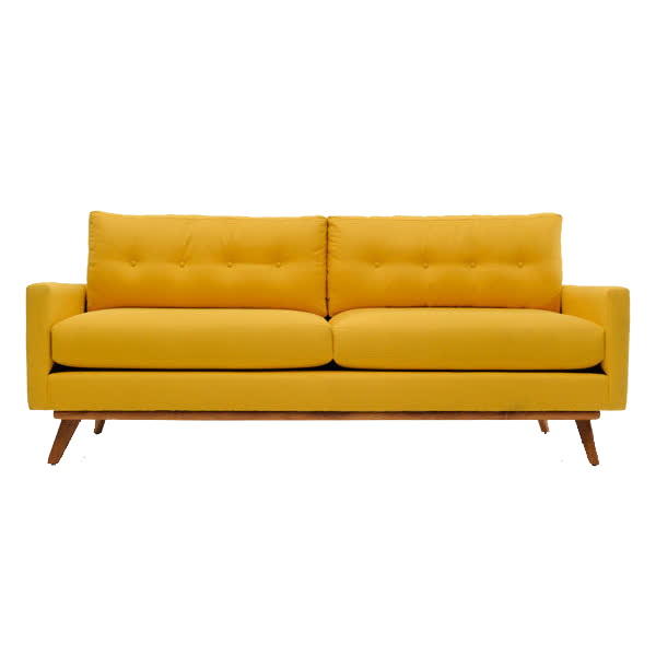Tufted yellow padded couch with brown wooden frame Couch Mid-century modern Table Sofa bed Furniture