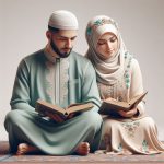Muslim husband and wife wearing islamic dress and sitting and both are reading a book (Ai images)