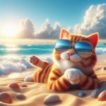 A cute cat with sunglass in the sea beach Ai Created