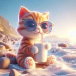 A cute cat with sunglass drinking milk and sitting in the sea beach Ai
