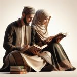 Muslim husband and wife wearing islamic dress and sitting and both are reading a book ( Ai images)