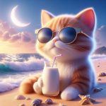 A cute cat with sunglass drinking milk and sitting in the sea beach Ai