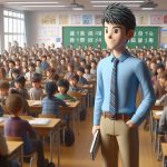 A man in a blue shirt and tie stands in front of a crowded classroom Ai
