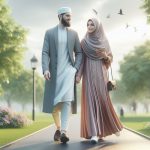 Muslim husband and wife wearing islamic dress and both are walking in the park (Ai images)